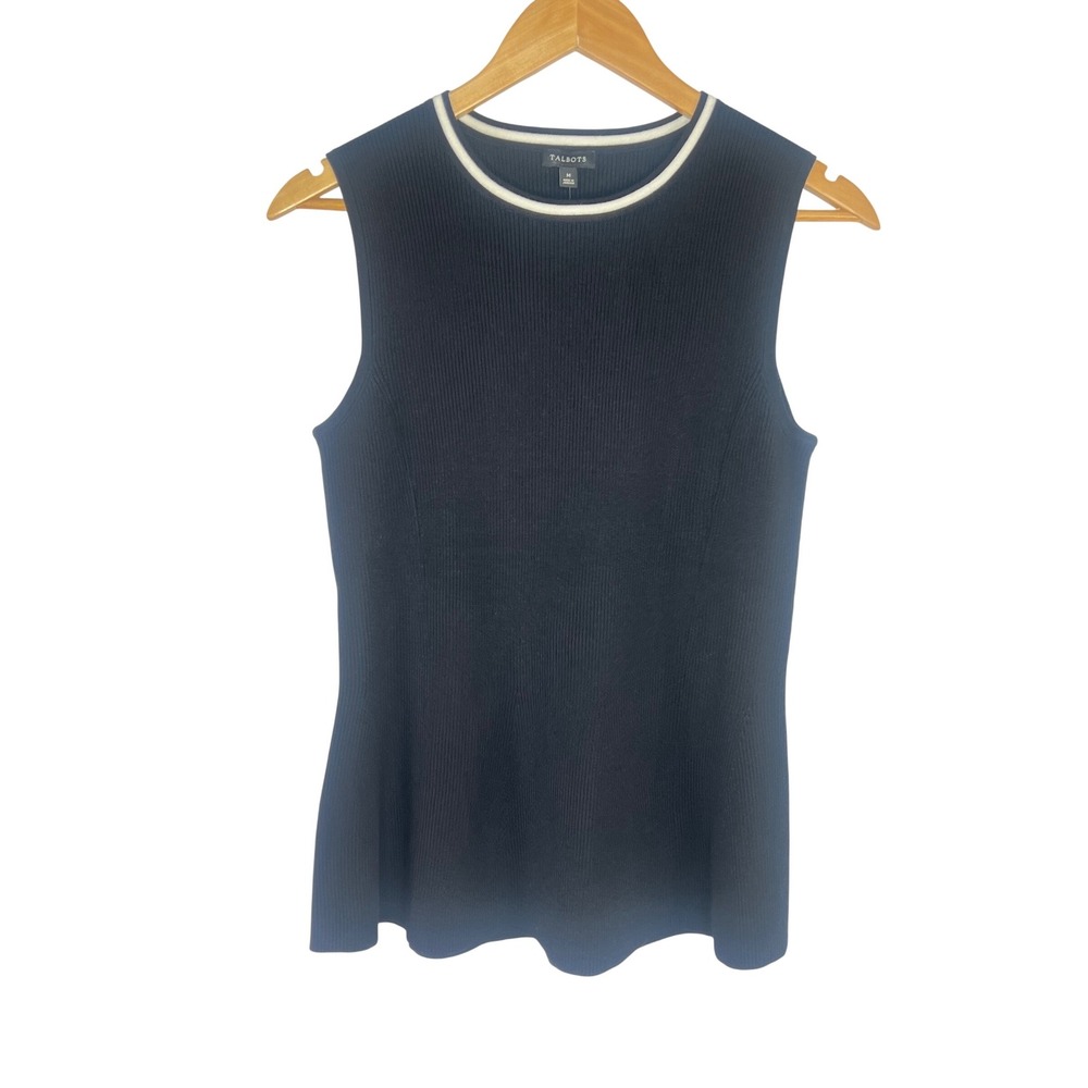 Talbots Women's Black Ribbed Sleeveless‎ Sweater Peplum Top White Trim Size M